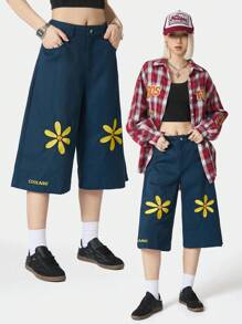 SHEIN EZwear Women's Spring/Summer Casual Floral Embroidery Wide Leg Pants - Navy Blue - View 6