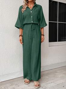 SHEIN VCAY Ladies' Plain Simple Jumpsuit For Daily Wear - Dark Green - View 3