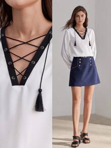 MOTF PREMIUM CONTRAST PIPING TASSEL LACE UP V-NECK BLOUSE - Black and White - View 9