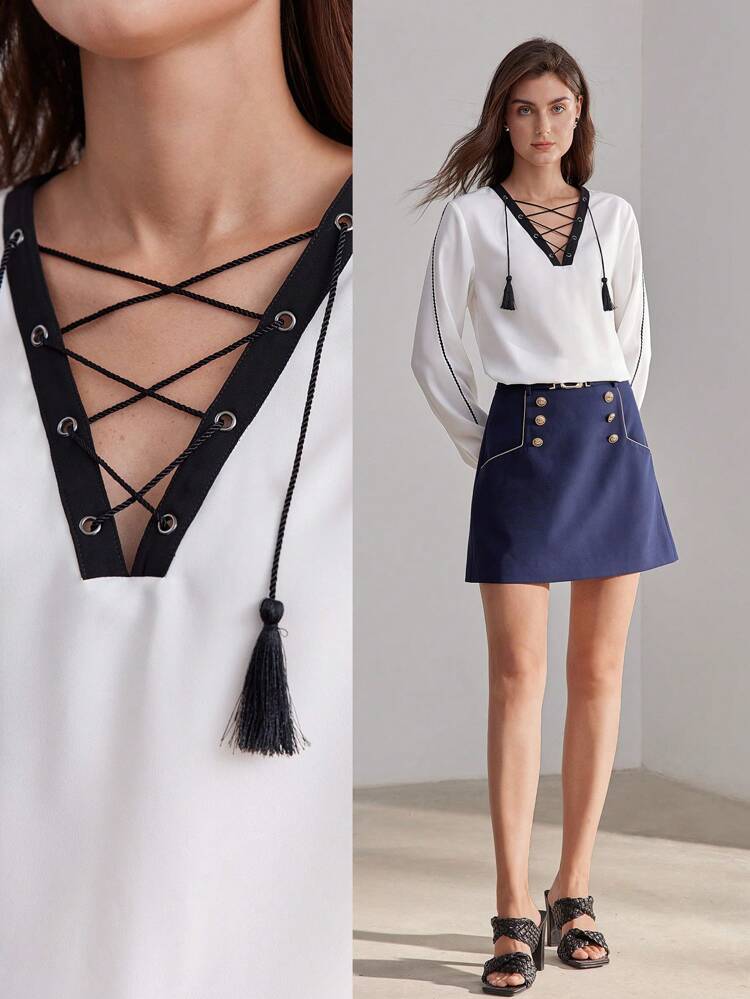 CONTRAST PIPING TASSEL LACE UP V-NECK BLOUSE