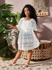 SHEIN Tween Girl Loose Fit Casual Solid Color Round Neck Pullover Top With Simple Ruffle Trim - White - View 6