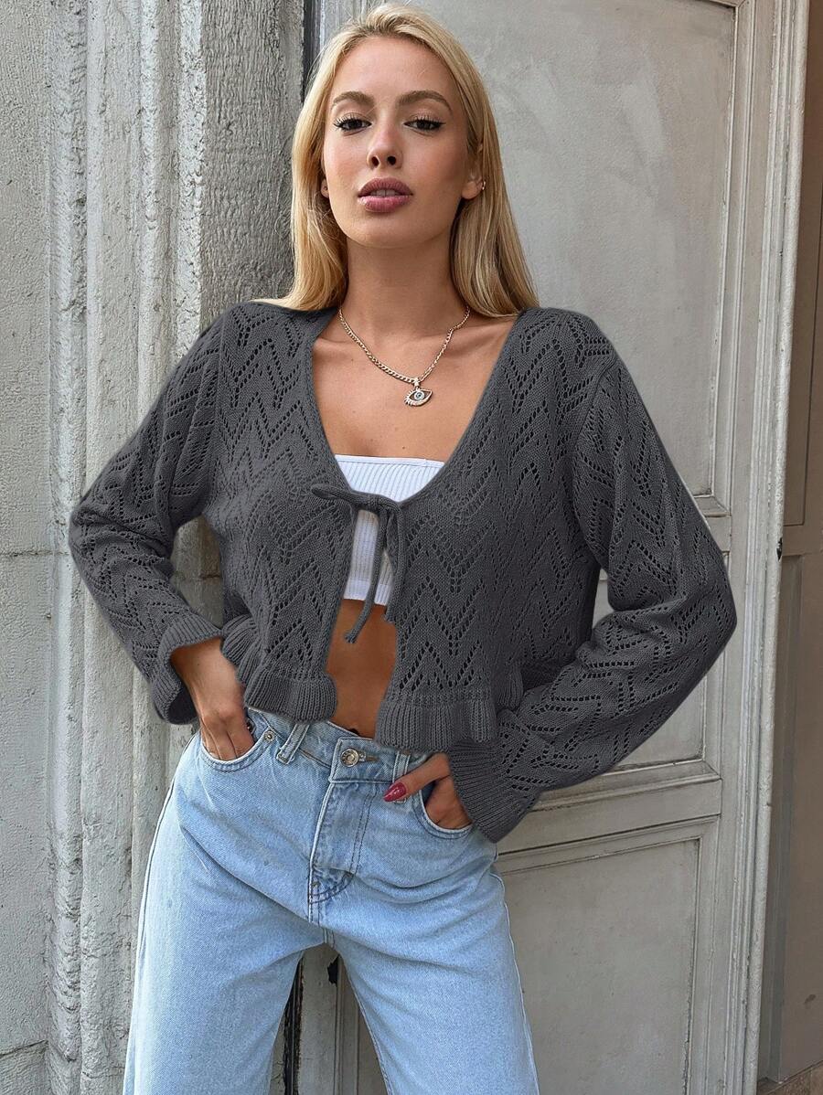 EURMUSE Tie Front Ruffle Hem Pointelle Knit Crop Cardigan - Dark Grey - View 1