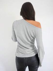 Firerie Women's Spring/Summer Solid Color Off The Shoulder Long Sleeve Loose Casual T-Shirt - Grey - View 2