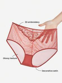 LUVLETTE Lingerie Mid-Rise Lace Mesh Brief Women Underwear Panties Set - Red - View 2