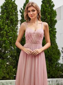 EVERPRETTY Embroidered Tulle Bridesmaid Dress With Ribbon Ties - Baby Pink - View 5