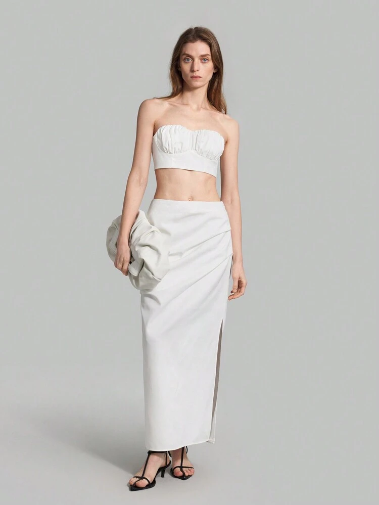 Women Solid Color Pleated Slim Fit Cropped Strapless Top For Summer