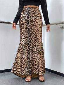 Glamine Falda larga tipo cola de sirena con estampado de leopardo para el atuendo de mujer
