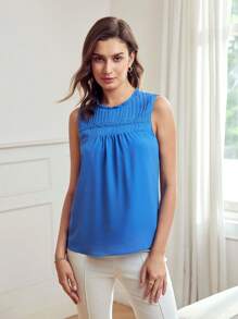 MOTF Classy 實心褶皺口袋連衣裙，荷葉邊修飾，無袖上衣 - 藍色 - 查看 5