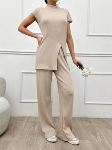 SHEIN Tall Cottnline Tank Top And Pants 2 Piece Set In High Spandex Ribbed Fabric, Stylish Buckle Decoration And Leisure - Apricot - View 4