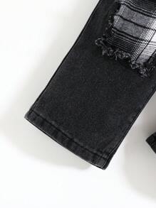 SHEIN Baby Boy's Fashionable Casual Ripped Plaid Patchwork Loose Straight Le Denim Jeans - Black - View 8