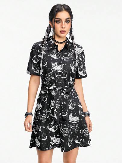 Goth Vestido camisero de mujer con estampado de sol, luna, estrellas y gato, escolar