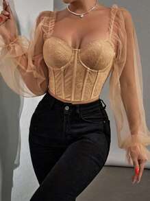 VaVaBold 女式時尚純色網眼領口背心 - 卡其色 - 查看 5