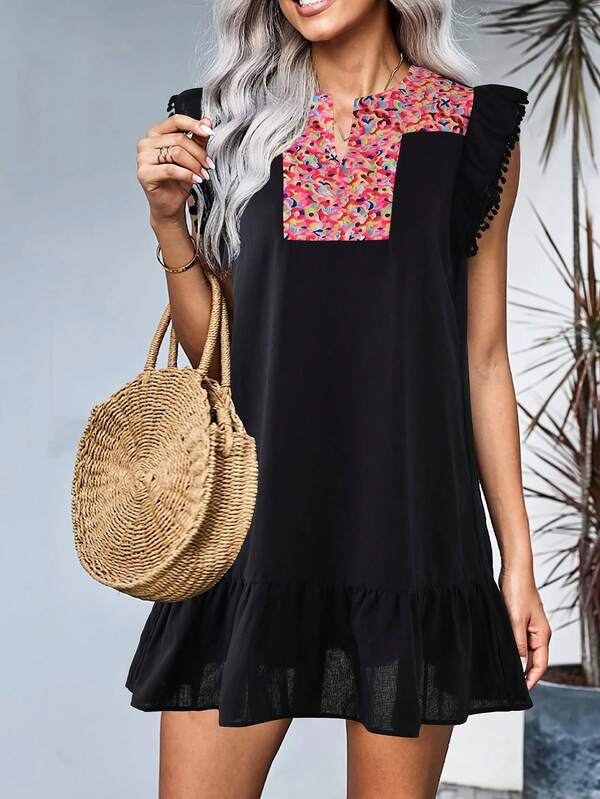 Women's Summer Casual V-Neck Ruffle Ball Tassel Mini Dress Fashion New Style Dress