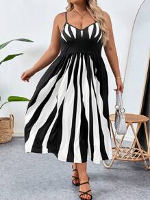 SHEIN CURVE+ Sukienka na ramiączkach plus size z ukrytą kieszenią - Czarne i Białe - Zobacz 4