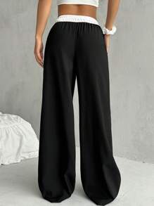 SHEIN EZwear Women's Color-Blocked High Waist Wide Leg Casual Pants With Belt - Black - View 2