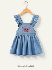 Cozy Pixies 寶寶女孩夏季Boho風格的花卉刺繡可愛波浪邊肩帶調節丹寧連身裙，不含上衣，夏季連衣裙套裝