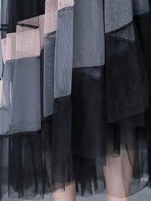 不对称拼布网眼优雅半身裙，春夏 - 黑色 - 查看 7