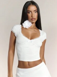 SHEIN BAE Women's Lace Short Sleeve Crop Top With Bow Decoration, Summer White Top, Basic T-Shirt For Women, Concert, Country Music Festival - White - View 3