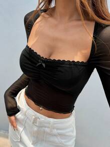 SHEIN EZwear Women's Summer Fashionable Black Mesh Slim Fit Cropped Top - Black - View 2