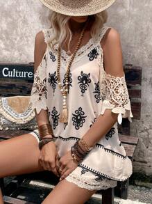 SHEIN Clasi Bộ áo và quần short in họa tiết mùa hè cổ chữ V dành cho nữ - Màu be - Xem 3