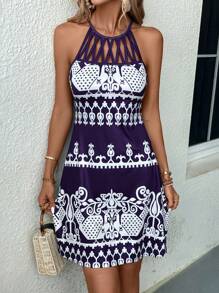 SHEIN Clasi Women's Summer Off Shoulder Printed Holiday Dress - Purple - View 5