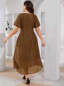 Mulvari Plus Size Women's Solid Color Simple Daily Short Sleeve Dress, Perfect For Beach/Casual/Vacation/Evening Or Any Other Formal Occasions - Brown - View 2