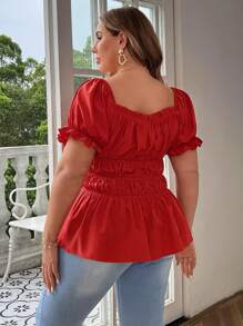 Flirla Plus Size Women's Vacation Solid Color Sweetheart Neckline Pleated Front Tie-Up Shirt With Frill Trim - Red - View 2