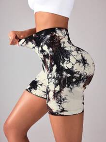 SHEIN Sports H819 Black White Brown Tie-Dye Seamless Sports Shorts - Multicolor - View 4