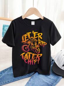 SHEIN Little Motorcyclist/Young Boys' Casual Motorcycle Pattern Round Neck Short Sleeve T-Shirt, Summer - Black - View 2
