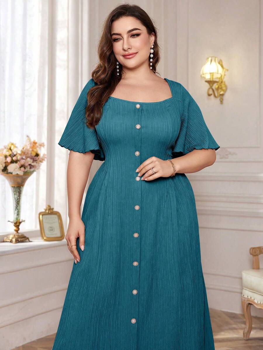 SHEIN Mulvari Plus Size Solid Color Square Neck ButtonUp Short Sleeve