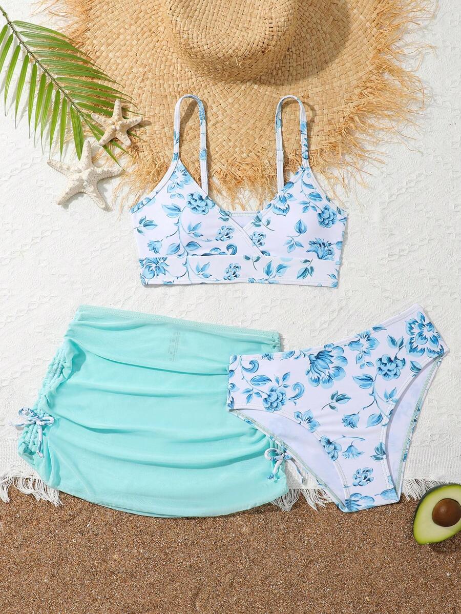 SHEIN Conjunto de bikini separado de 3 piezas para niña preadolescente, estampado aleatorio para playa de verano - Verde - Ver 1