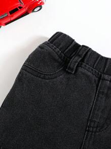 SHEIN Baby Boy's Fashionable Casual Ripped Plaid Patchwork Loose Straight Le Denim Jeans - Black - View 6