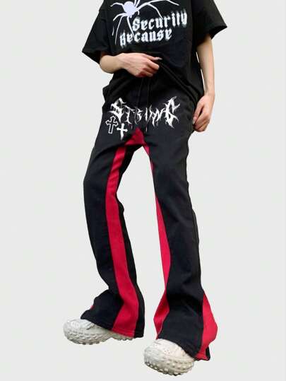 Goth Pantalones acampanados con estampado y bloques de color para hombre, primavera y verano