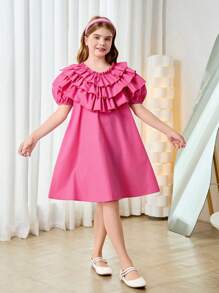 SHEIN Tween Girl Loose Vintage Layered Ruffle Collar Puff Sleeve Solid Color Midi Dress