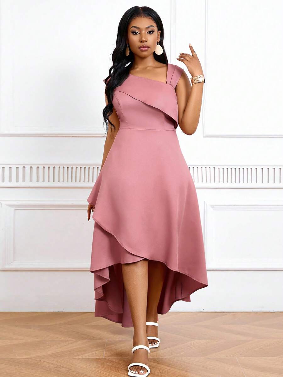 SHEIN Lady Große Größen Sommer Rosa Asymmetrischer Saum Vorderseite Rosa Kleid für Damen - Pink - Übersicht 1