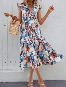 Đầm ngắn tay cổ chữ V in hoa, thắt eo, xếp ly, thích hợp cho nữ, kiểu dáng thường ngày, đi nghỉ mát, thanh lịch, thích hợp cho mùa hè. - Nhiều màu - Xem 4