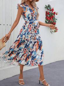 Đầm ngắn tay cổ chữ V in hoa, thắt eo, xếp ly, thích hợp cho nữ, kiểu dáng thường ngày, đi nghỉ mát, thanh lịch, thích hợp cho mùa hè. - Nhiều màu - Xem 5