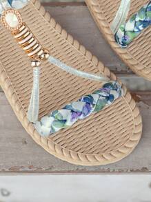 WRCVS 女士銀色編織平底涼鞋，輕量防滑海灘鞋，編織圖案和波西米亞花卉設計，顏色隨機