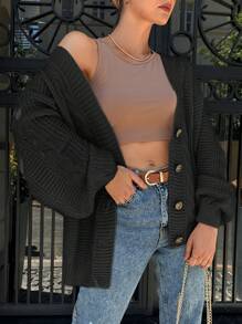 EURMUSE Cable Knit Drop Shoulder Button Front Cardigan - Black - View 1