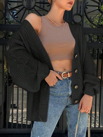 EURMUSE Kabelgebreid Oversized Voorpand met knoppen Cardigans