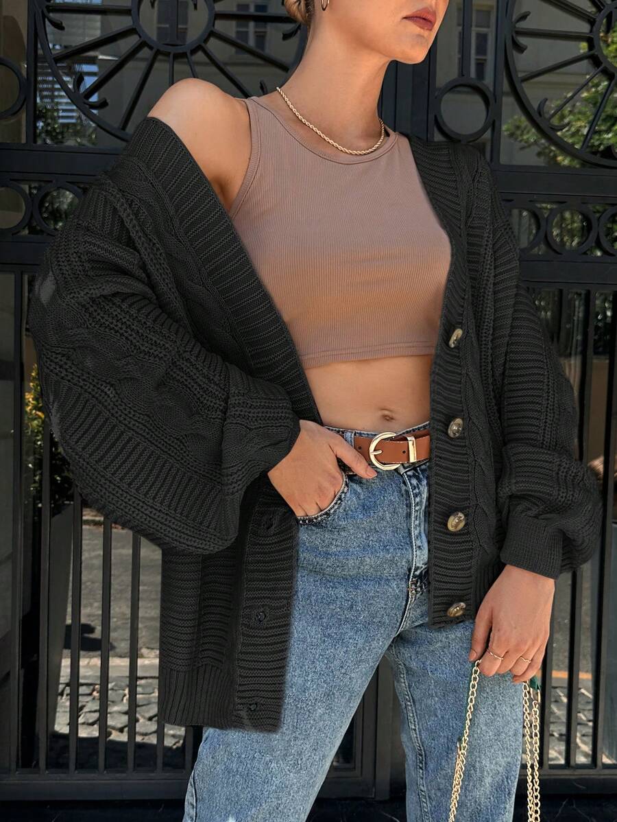 EURMUSE Cable Knit Drop Shoulder Button Front Cardigan - Black - View 1