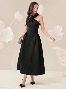 Modelyn Women's Summer Solid Color Cross Twist Knee-Length Sleeveless Elegant Dress