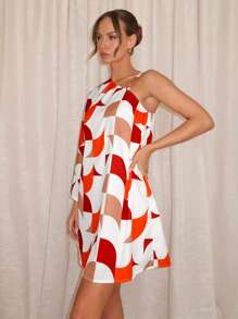 SHEIN Essnce Women's Asymmetrical Geometric Printed One Shoulder Dress With Metal Buckle - Multicolor - View 6
