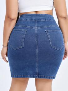 Flexra Plus Size Solid Stretchy Knit Color Denim Bodycon Skirt With Pockets, Summer Apple Bottom Jeans