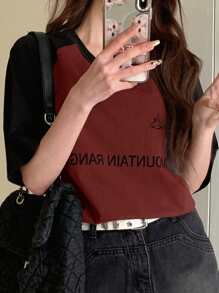 DAZY 女士夏季短袖加大码字母印花休闲 T 恤搭配插肩袖针织衫