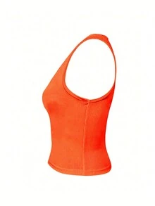 INAWLY 女士日常穿著款簡約純色無袖背心，運動上衣 - 橘色 - 查看 4