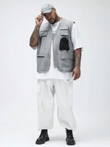 Manfinity VCAY Manfinity NXTstreet Men's Plus Size Woven Casual Patchwork Utility Vest Suitable For Summer - Multicolor - View 3