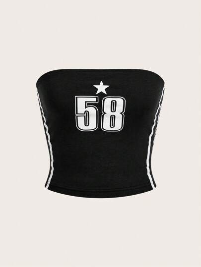 SHEIN EZwear 拼色邊緣和字母印花無肩帶上衣