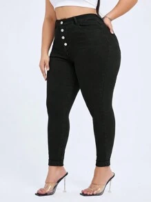 Flexra Quần Jeans Denim Màu Trơn Co Giãn Ôm Vừa Cỡ Lớn Thời Trang Cạp Cao Cho Nữ - màu đen - Xem 3