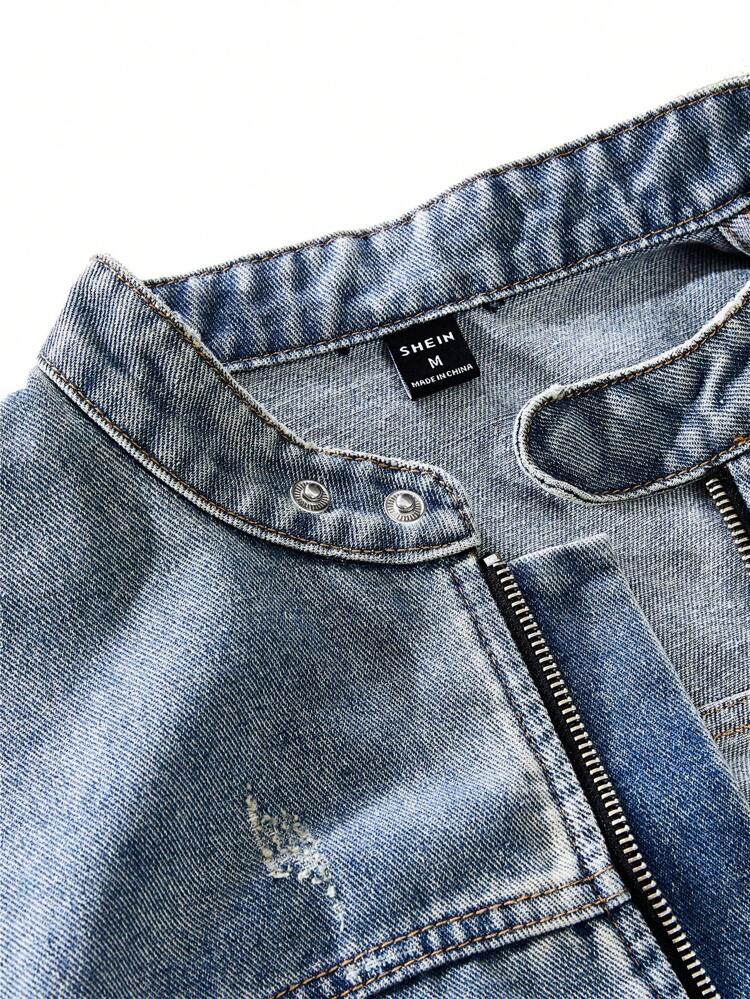 Men's Medium Blue Vintage Wash Denim Jacket With Dirty And Worn-Out Feel, Biker Jacket